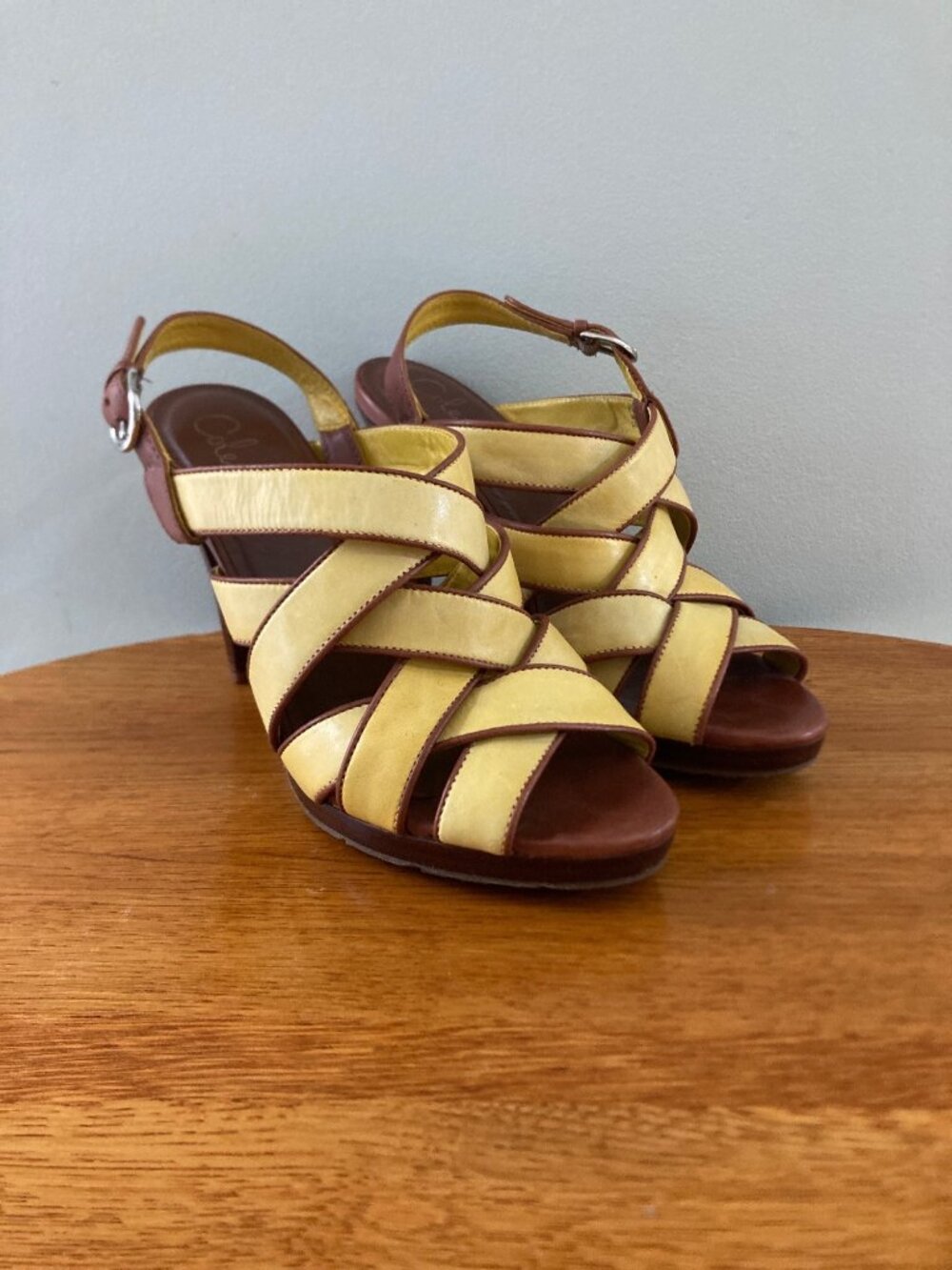 Cole Haan Womens Strappy Yellow & Brown Leather Heels Sz 6.5 B Made In Brazil